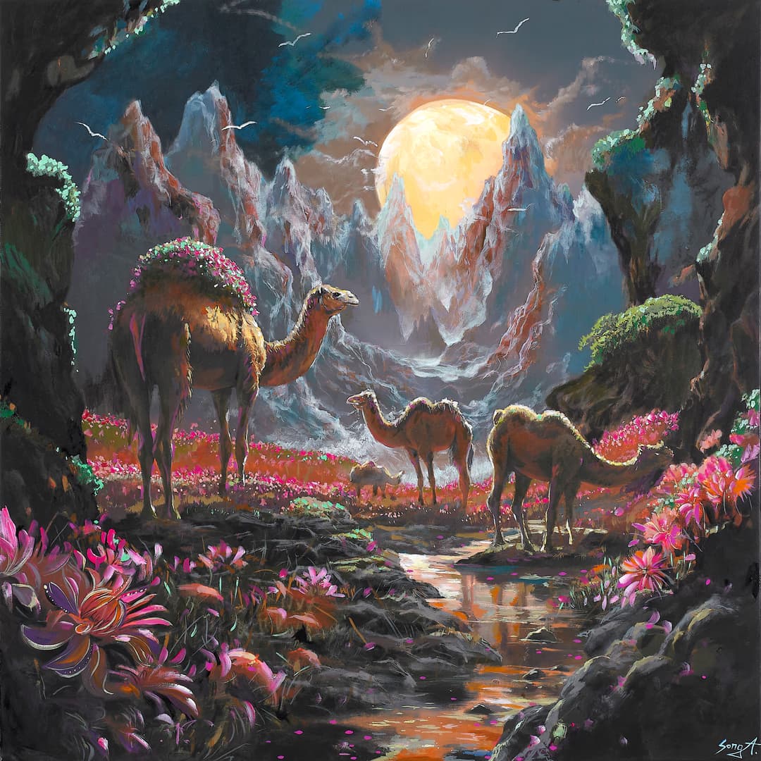 윤송아, Family Trip to fantasy land, 2024, arcylic on canvas, 72.7 x 72.7 cm