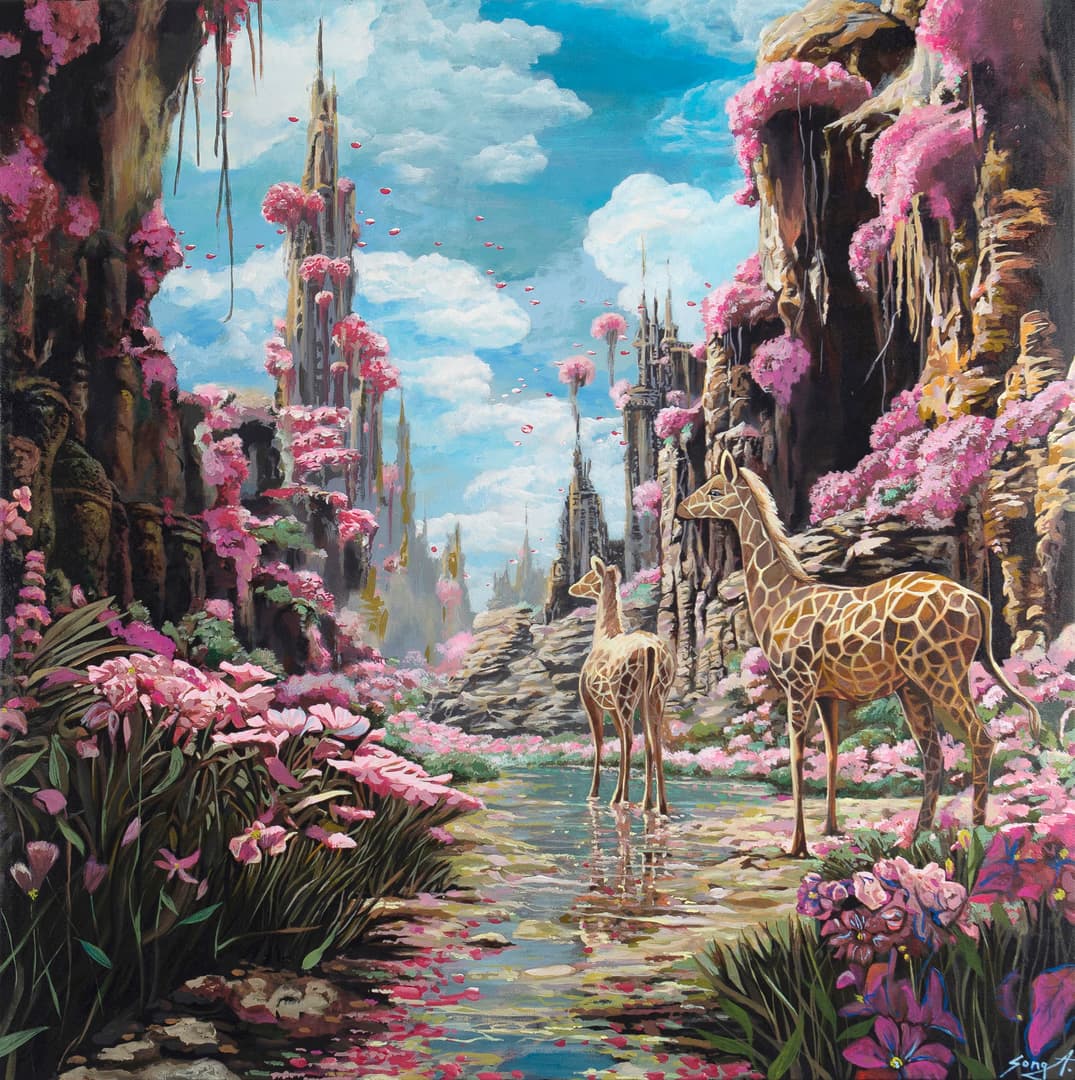 윤송아, Pinky Dream of Giraffes, 2024, arcylic on canvas, 72.7 x 72.7 cm