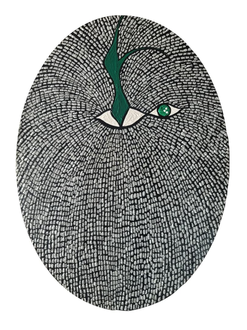 방은겸, 사과의 눈, 2023, 아크릴 및 글리터, 40 x 50 cm