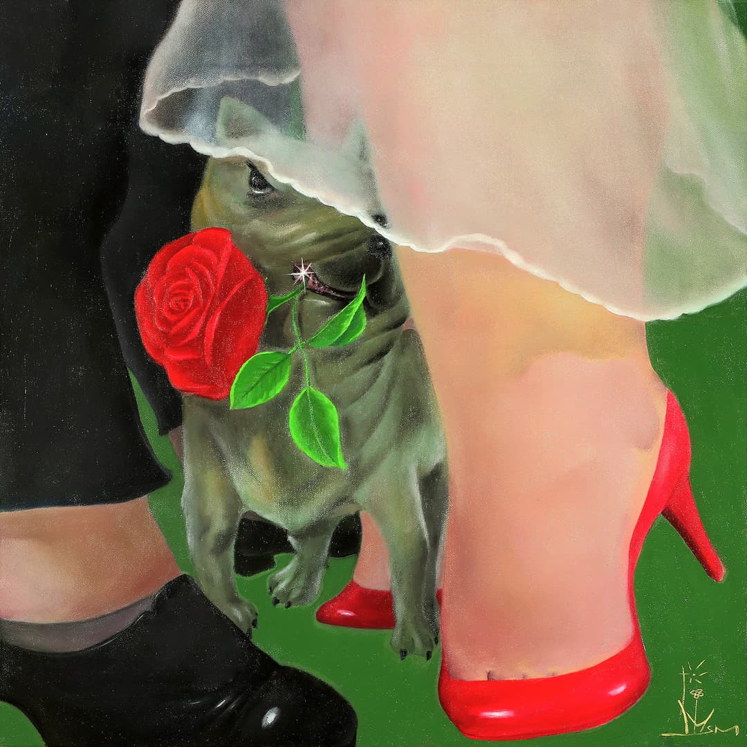 문선미, 결혼_개사랑, 2023, oil on canvas, 45x45