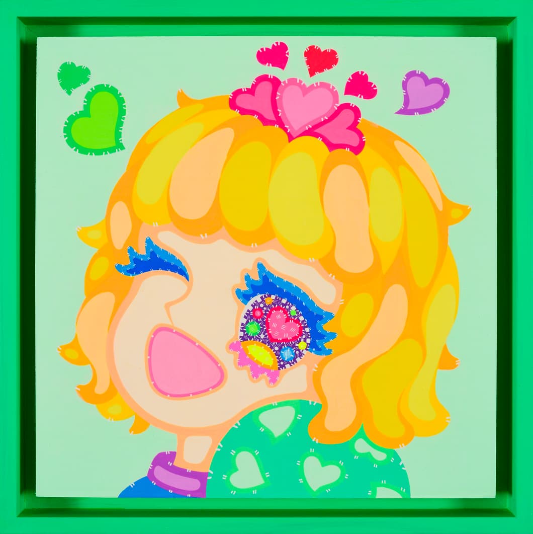 Lee Sara 이사라, Wonderland, 2025, Acrylic on wood, Fresh Green frame, 64x64cm