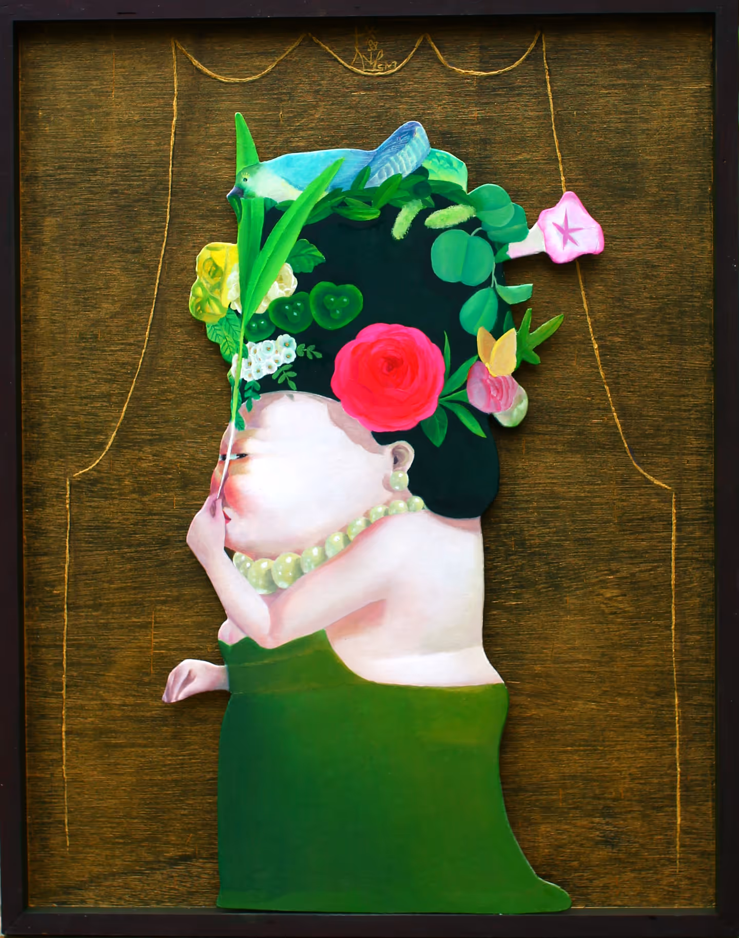 문선미, 그녀의 정원 - 바우어새, oil on plywood , 50 x 65 cm. 400 만원